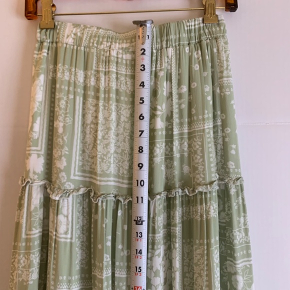 Boho/western, sage green & white floral bandana-like ruffled tiered maxi skirt - Picture 10 of 12